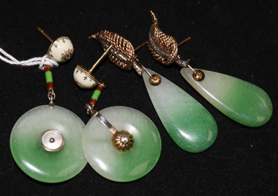 Two pairs of green hardstone earrings, one mounted in 18ct gold.